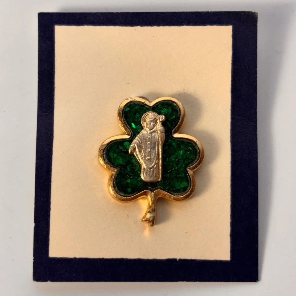 Vintage Religious Pin Set Gold Green Saint Patrick Mother Mary Catholic Jewelry